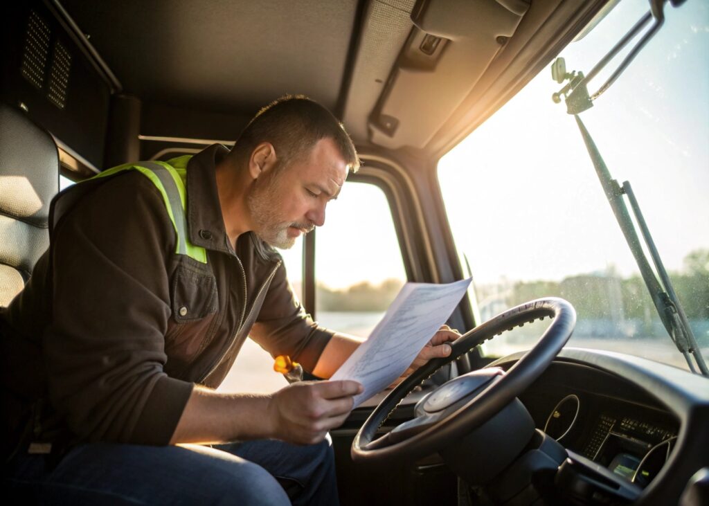 camionero autónomo mirando la hoja de ruta del transporte de su mercancía